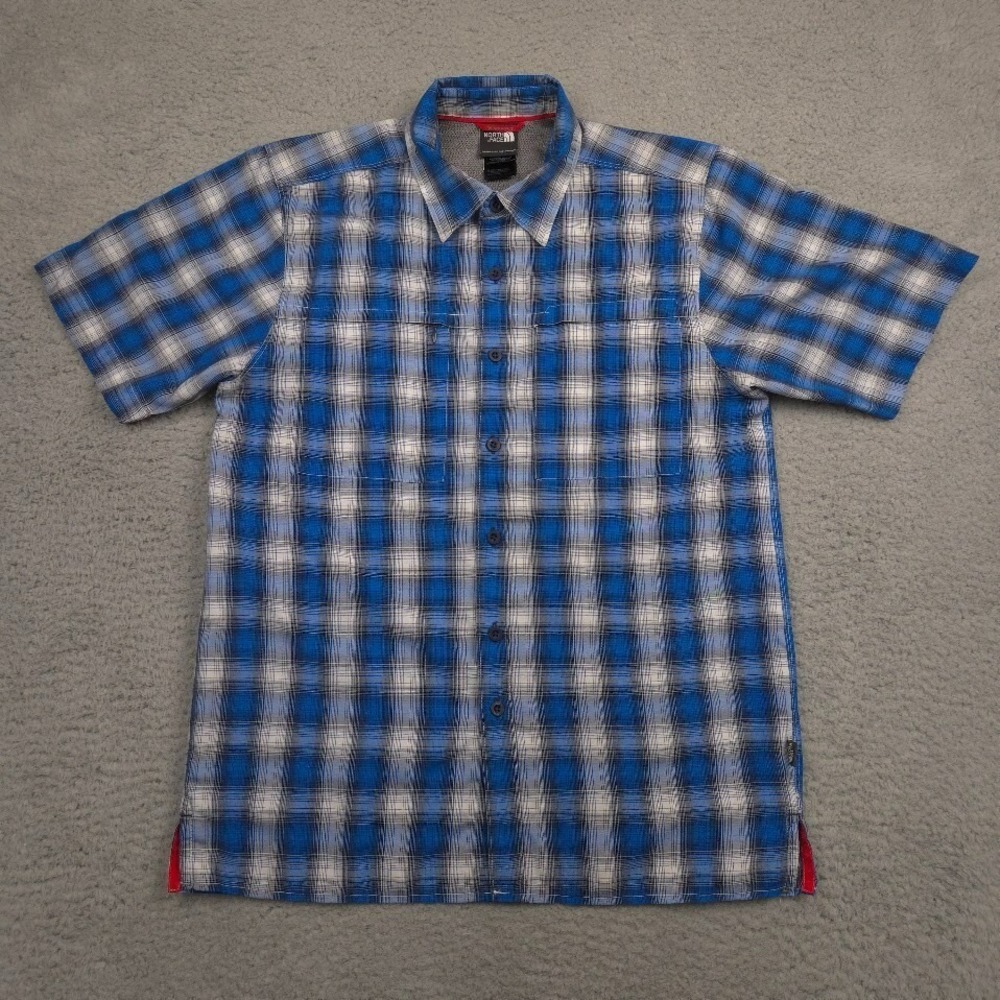The North Face Performance Shirt Mens Small Blue Gray Plaid Short‎ Sleeve Hiking